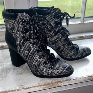 Calvin Klein lace up black and white heeled boots